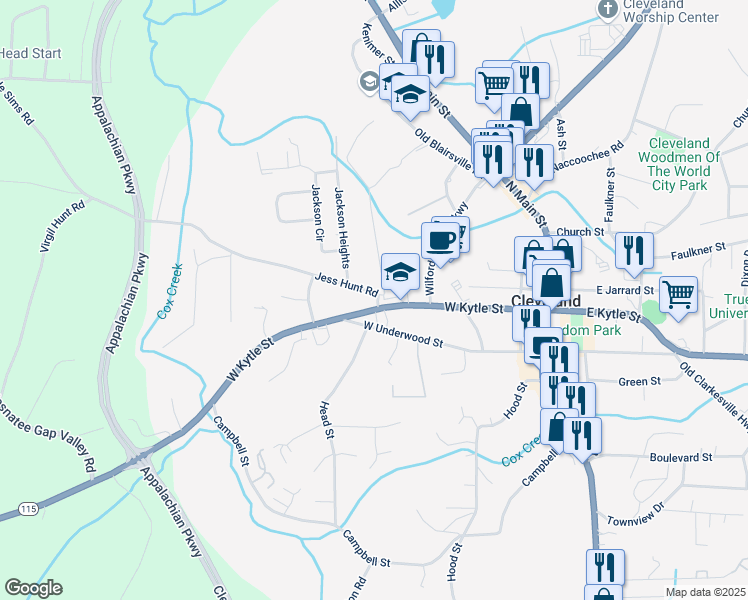 map of restaurants, bars, coffee shops, grocery stores, and more near 147 Jess Hunt Road in Cleveland