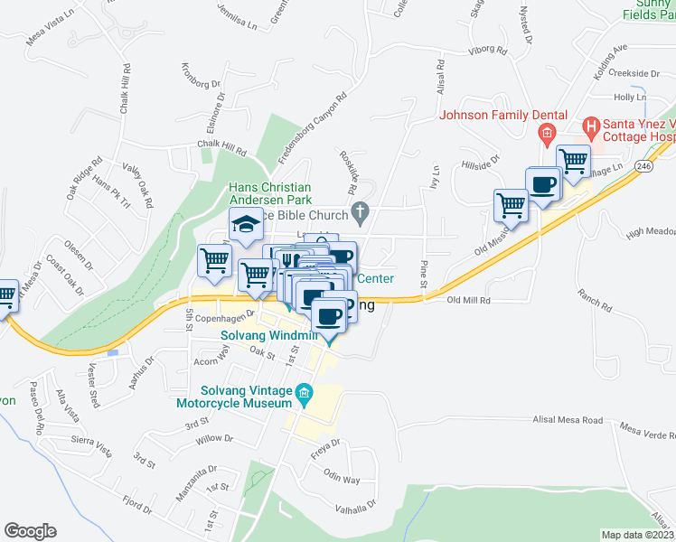 map of restaurants, bars, coffee shops, grocery stores, and more near 561 Alisal Road in Solvang