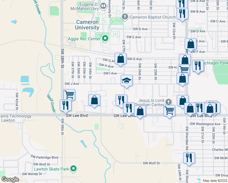 map of restaurants, bars, coffee shops, grocery stores, and more near 2726 Southwest J Avenue in Lawton