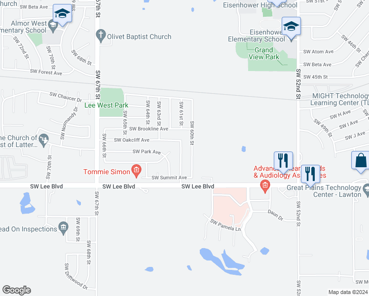 map of restaurants, bars, coffee shops, grocery stores, and more near 1008 Southwest 61st Street in Lawton