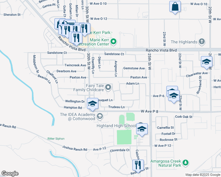 map of restaurants, bars, coffee shops, grocery stores, and more near 39333 Bastille Lane in Palmdale