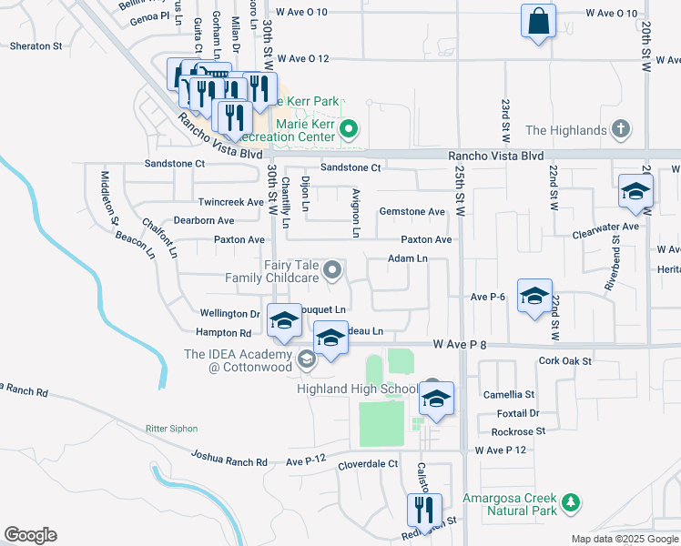map of restaurants, bars, coffee shops, grocery stores, and more near 39333 Bastille Lane in Palmdale