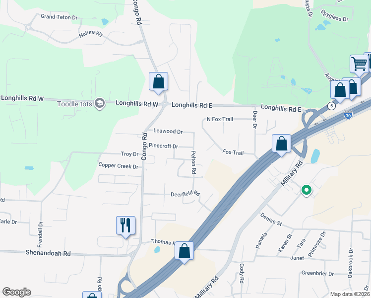 map of restaurants, bars, coffee shops, grocery stores, and more near 1802 Pinecroft Drive in Benton