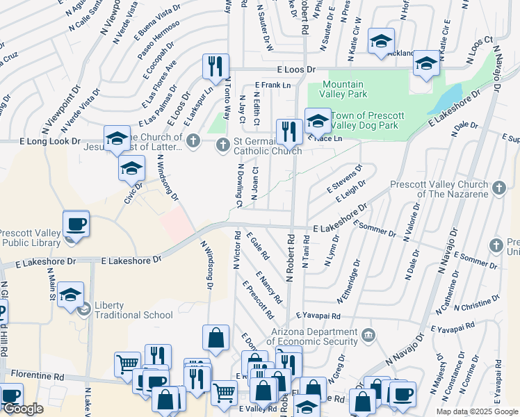 map of restaurants, bars, coffee shops, grocery stores, and more near 3740 North Robin Drive in Prescott Valley