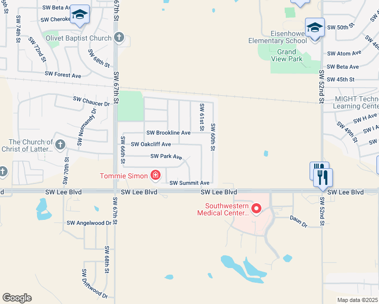 map of restaurants, bars, coffee shops, grocery stores, and more near 6114 Southwest Oakcliff Avenue in Lawton