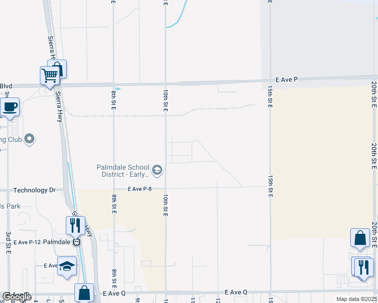 map of restaurants, bars, coffee shops, grocery stores, and more near 1055 East Avenue P5 in Palmdale