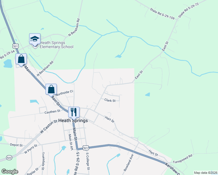 map of restaurants, bars, coffee shops, grocery stores, and more near 316 Flint Ridge Road in Heath Springs