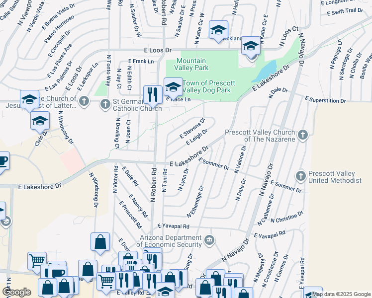 map of restaurants, bars, coffee shops, grocery stores, and more near 8369 East Leigh Drive in Prescott Valley