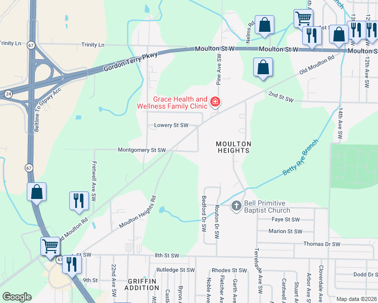 map of restaurants, bars, coffee shops, grocery stores, and more near 1920 Montgomery Street Southwest in Decatur