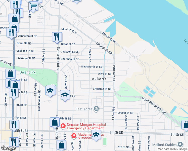 map of restaurants, bars, coffee shops, grocery stores, and more near 1611 Olive Street Southeast in Decatur