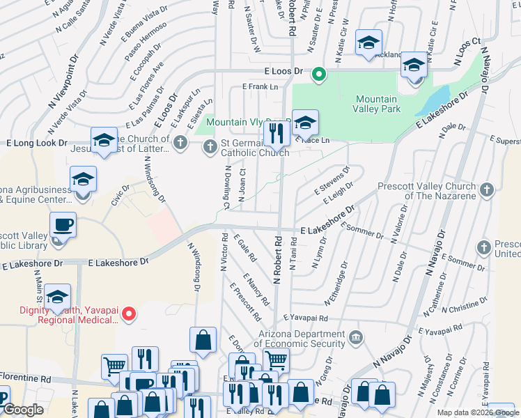 map of restaurants, bars, coffee shops, grocery stores, and more near 3740 North Robin Drive in Prescott Valley