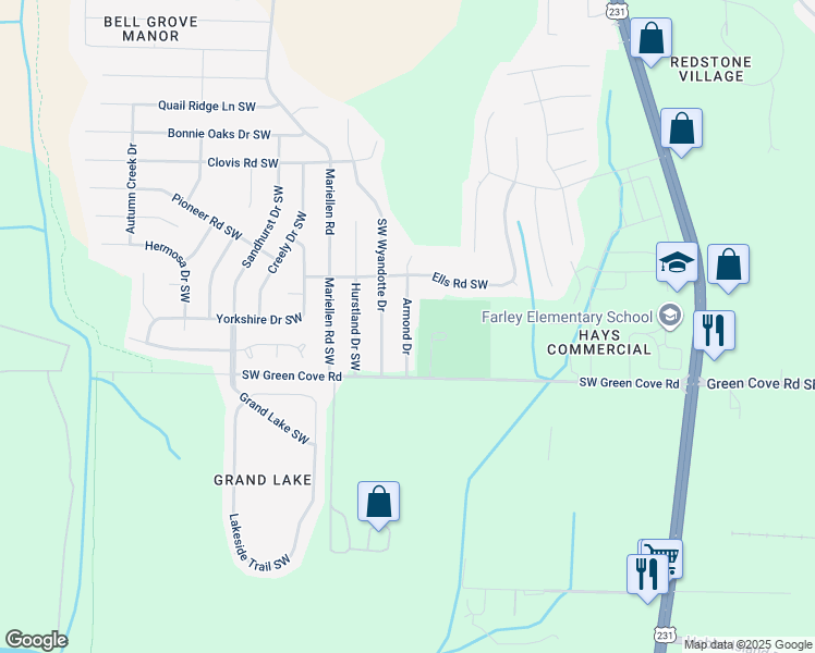 map of restaurants, bars, coffee shops, grocery stores, and more near 14016 Armond Drive in Huntsville