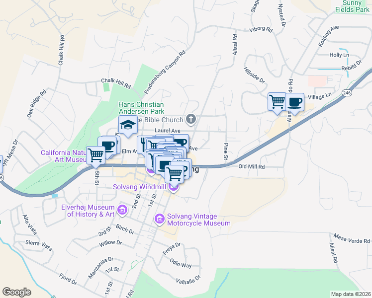 map of restaurants, bars, coffee shops, grocery stores, and more near 545 Alisal Road in Solvang