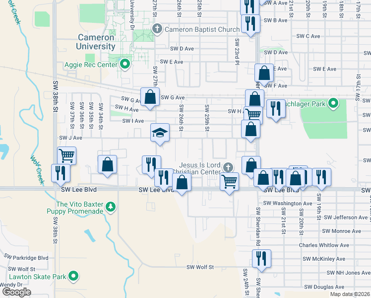 map of restaurants, bars, coffee shops, grocery stores, and more near 1205 Southwest 26th Street in Lawton