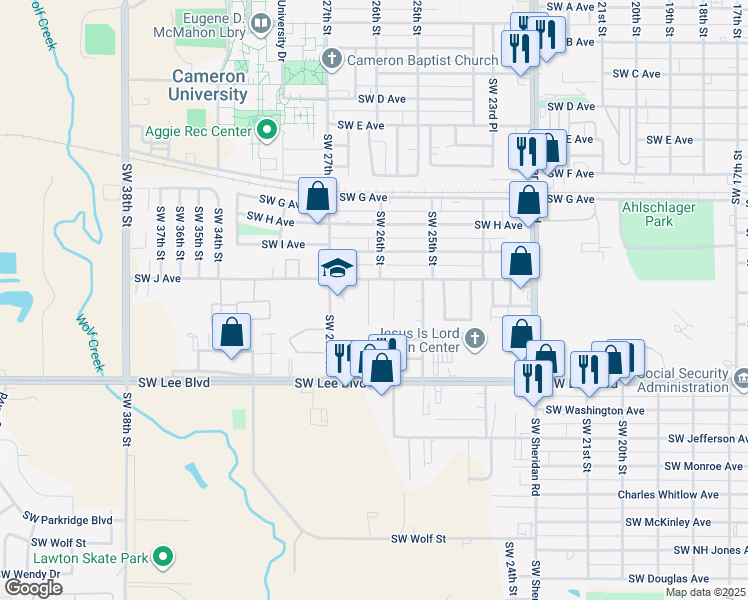 map of restaurants, bars, coffee shops, grocery stores, and more near 1208 Southwest 26th Place in Lawton