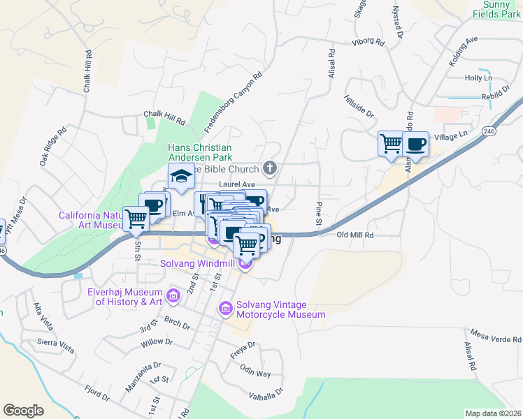 map of restaurants, bars, coffee shops, grocery stores, and more near 545 Alisal Road in Solvang