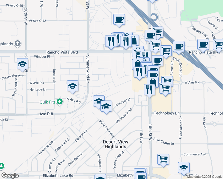 map of restaurants, bars, coffee shops, grocery stores, and more near 1233 Wellington Drive in Palmdale