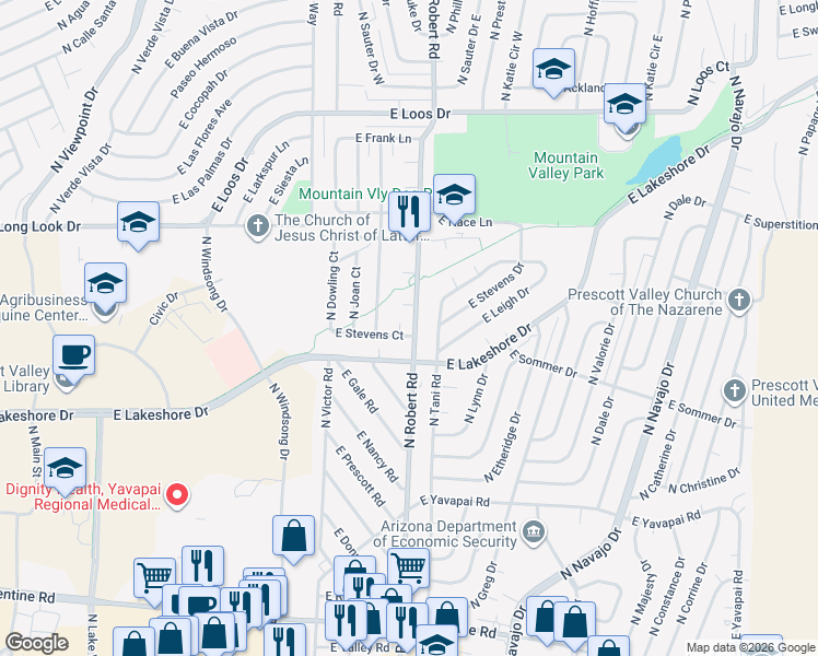 map of restaurants, bars, coffee shops, grocery stores, and more near 3750 North Robert Road in Prescott Valley