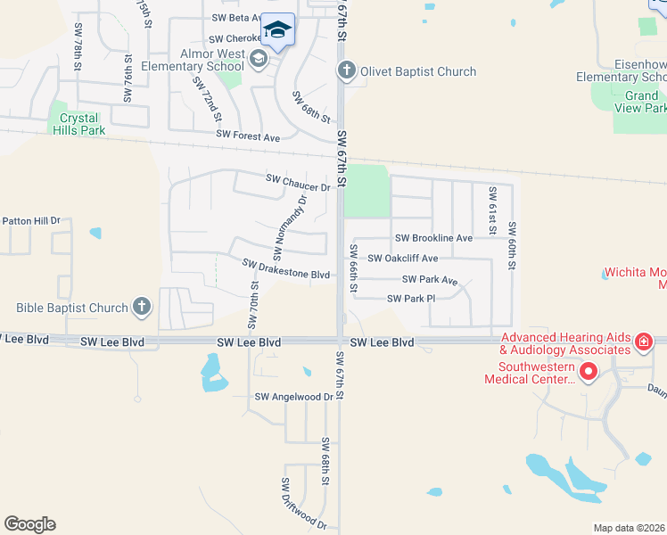map of restaurants, bars, coffee shops, grocery stores, and more near 6701 Southwest Drakestone Boulevard in Lawton