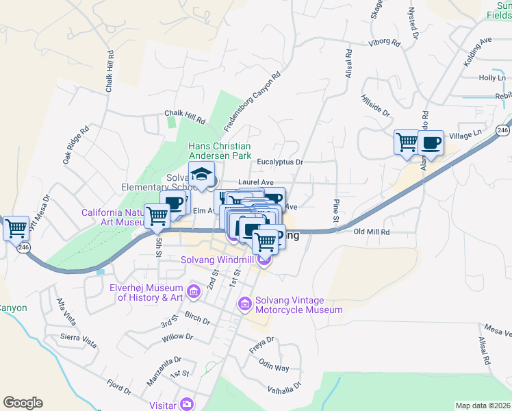 map of restaurants, bars, coffee shops, grocery stores, and more near 540 2nd Place in Solvang