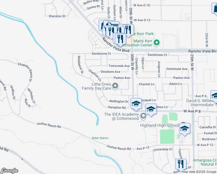 map of restaurants, bars, coffee shops, grocery stores, and more near 3149 Crowne Drive in Palmdale