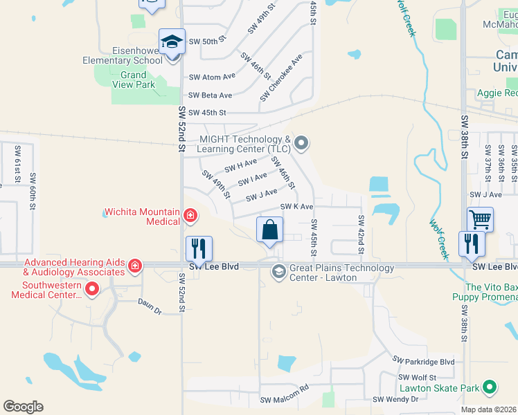 map of restaurants, bars, coffee shops, grocery stores, and more near 4621 Southwest K Avenue in Lawton