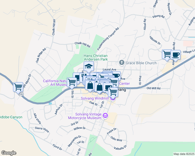 map of restaurants, bars, coffee shops, grocery stores, and more near 1609 Elm Avenue in Solvang
