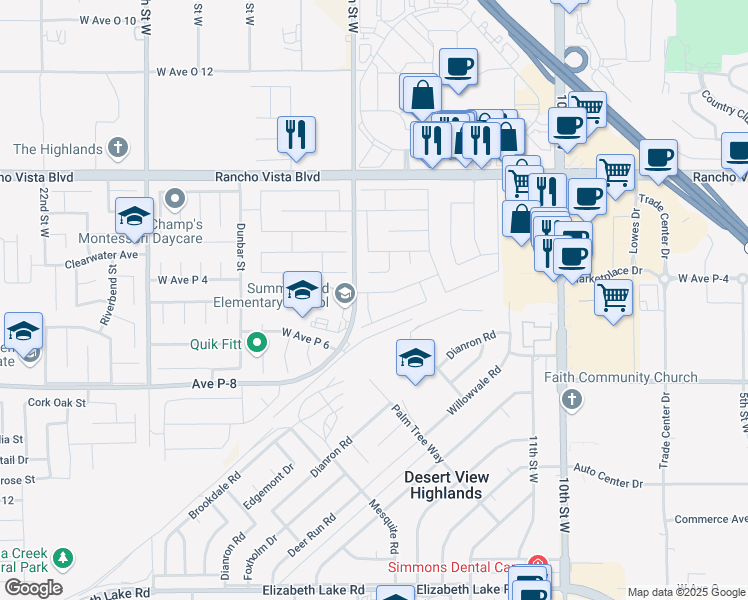 map of restaurants, bars, coffee shops, grocery stores, and more near 1358 Stanfill Road in Palmdale