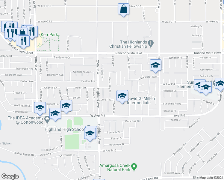 map of restaurants, bars, coffee shops, grocery stores, and more near 39330 Desert Lilly Court in Palmdale