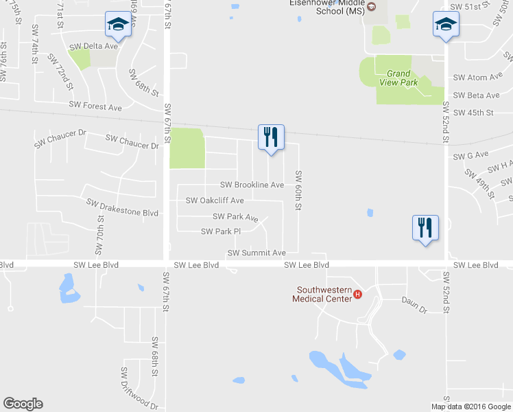 map of restaurants, bars, coffee shops, grocery stores, and more near 6114 Southwest Oakcliff Avenue in Lawton