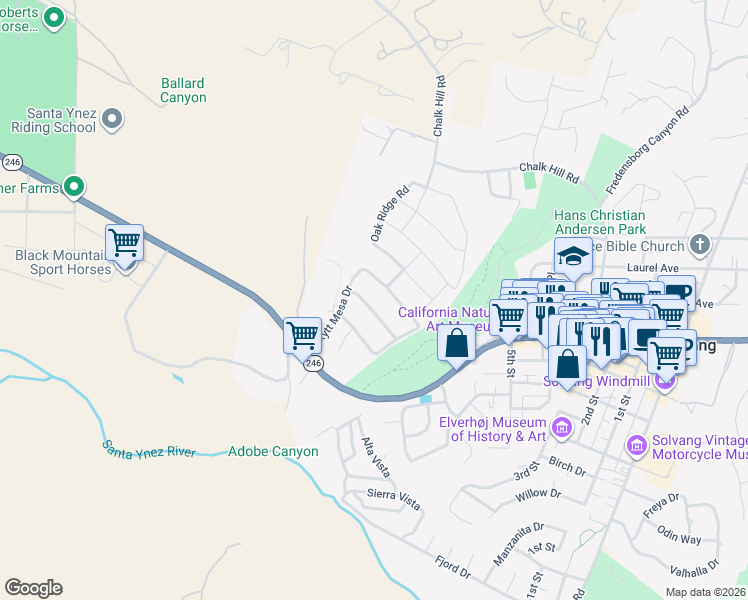 map of restaurants, bars, coffee shops, grocery stores, and more near 1230 Coast Oak Drive in Solvang