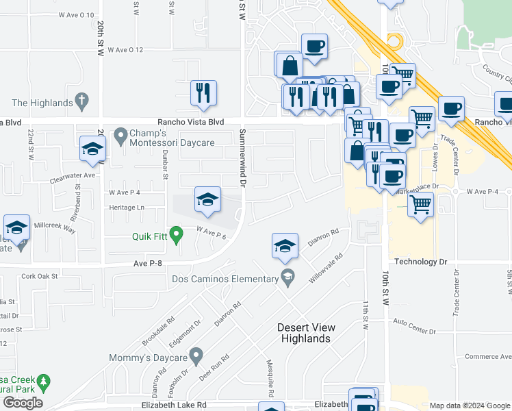 map of restaurants, bars, coffee shops, grocery stores, and more near 1358 Stanfill Road in Palmdale