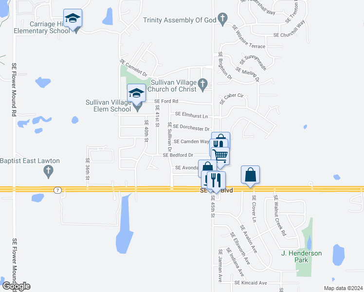 map of restaurants, bars, coffee shops, grocery stores, and more near 4211 Southeast Camden Way in Lawton
