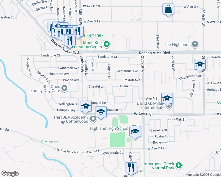 map of restaurants, bars, coffee shops, grocery stores, and more near 39341 Jefferson Drive in Palmdale