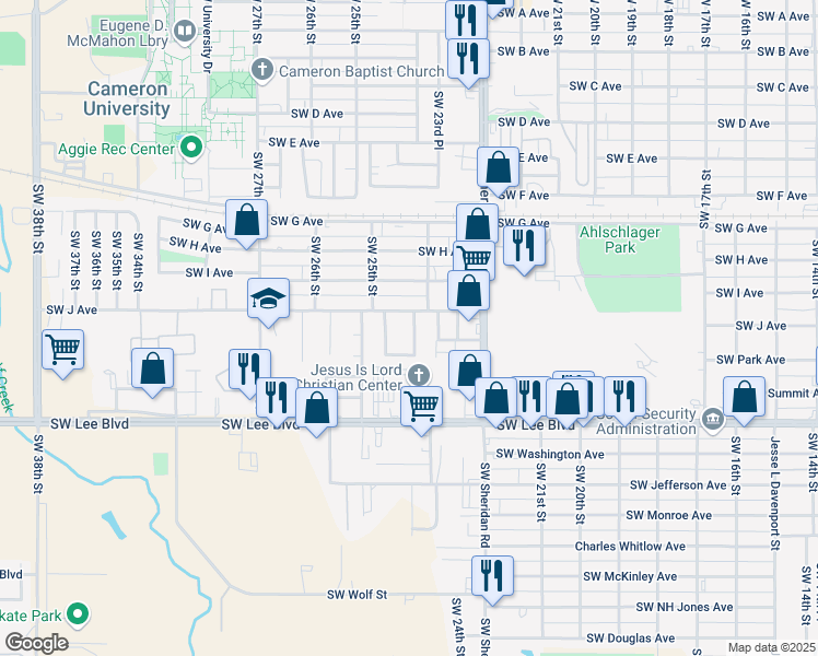 map of restaurants, bars, coffee shops, grocery stores, and more near 1207 Southwest 24th Street in Lawton