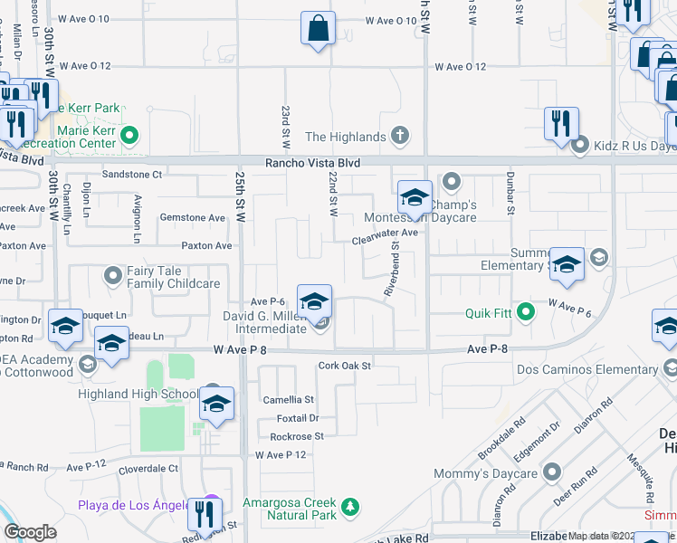 map of restaurants, bars, coffee shops, grocery stores, and more near 39335 Rockcliff Court in Palmdale