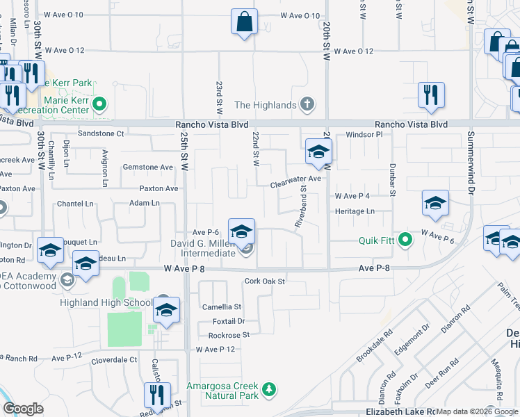 map of restaurants, bars, coffee shops, grocery stores, and more near 39335 Rockcliff Court in Palmdale