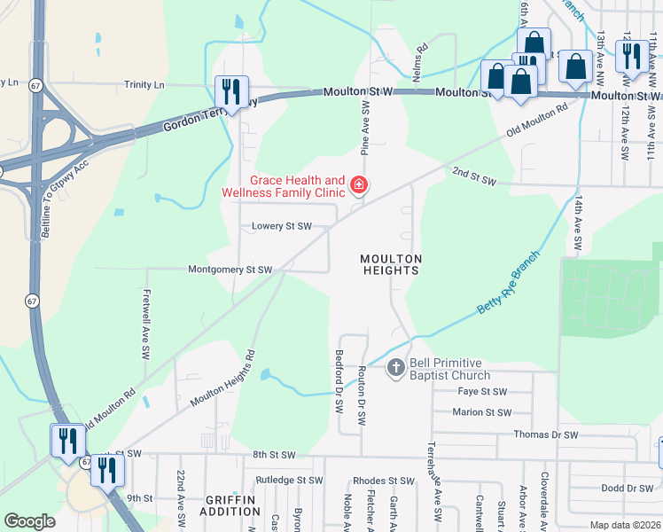 map of restaurants, bars, coffee shops, grocery stores, and more near 1920 Montgomery Street Southwest in Decatur