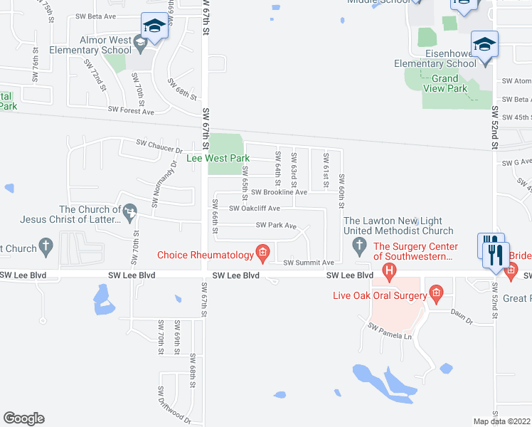 map of restaurants, bars, coffee shops, grocery stores, and more near 6132 Southwest Oak Cliff Avenue in Lawton