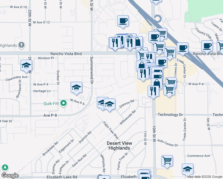 map of restaurants, bars, coffee shops, grocery stores, and more near 1233 Wellington Drive in Palmdale