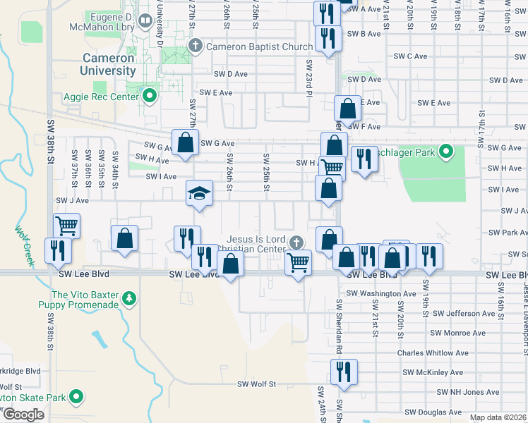 map of restaurants, bars, coffee shops, grocery stores, and more near 1206 SW 25th Pl in Lawton
