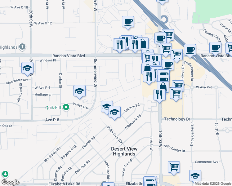 map of restaurants, bars, coffee shops, grocery stores, and more near 1233 Wellington Drive in Palmdale