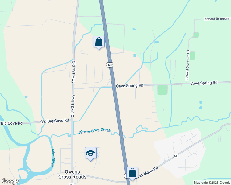 map of restaurants, bars, coffee shops, grocery stores, and more near 8549 U.S. 431 in Owens Cross Roads