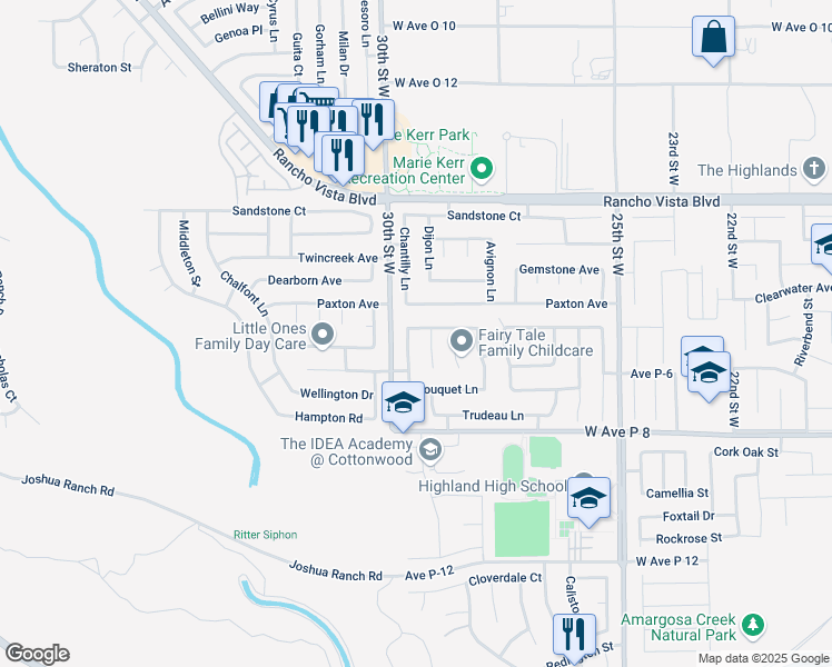 map of restaurants, bars, coffee shops, grocery stores, and more near 39350 Chantilly Lane in Palmdale
