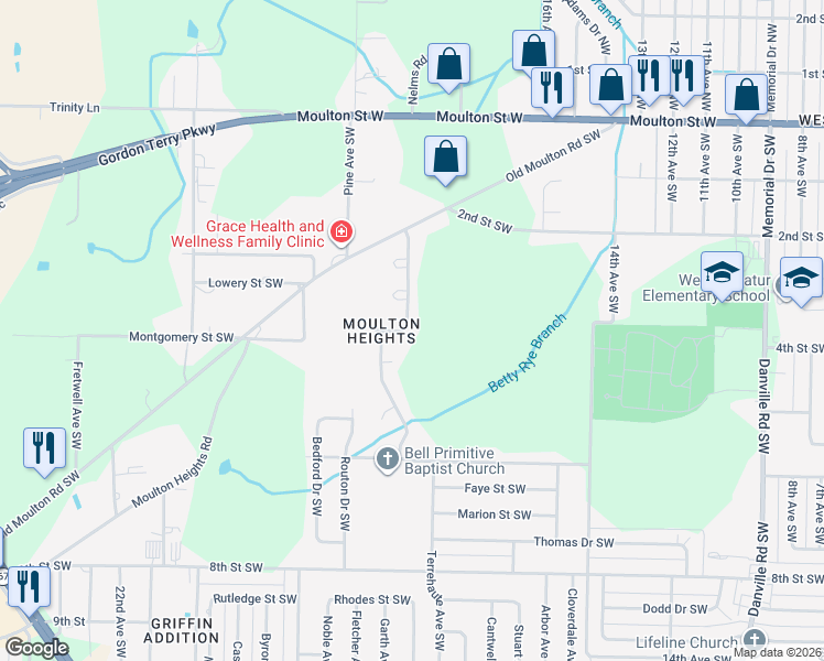 map of restaurants, bars, coffee shops, grocery stores, and more near 631 Canterbury Avenue Southwest in Decatur
