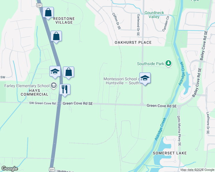map of restaurants, bars, coffee shops, grocery stores, and more near Ivory Circle in Huntsville