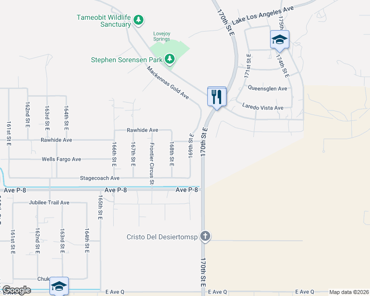 map of restaurants, bars, coffee shops, grocery stores, and more near 39377 169th St E in Palmdale