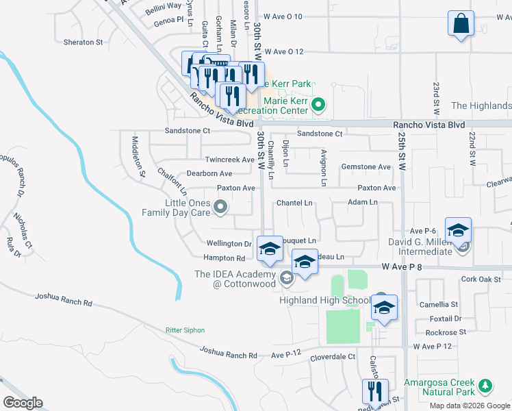 map of restaurants, bars, coffee shops, grocery stores, and more near 39344 Harvard Lane in Palmdale
