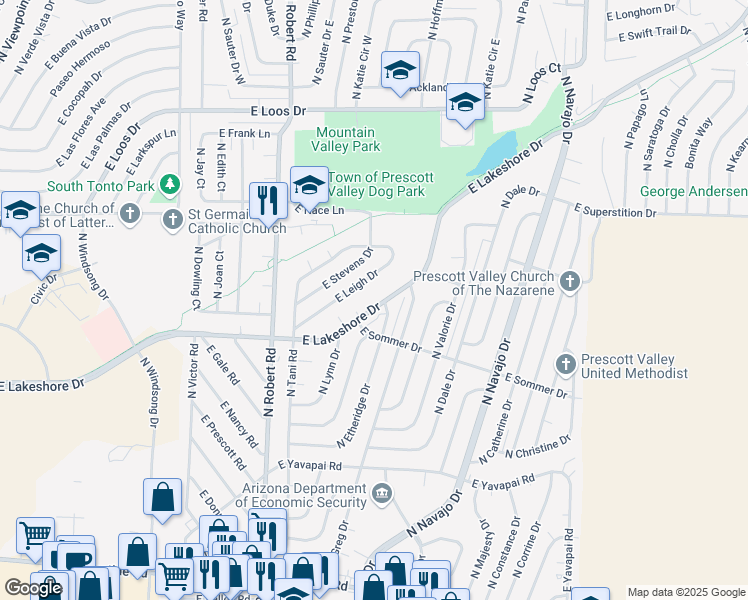 map of restaurants, bars, coffee shops, grocery stores, and more near 8448 East Lakeshore Drive in Prescott Valley
