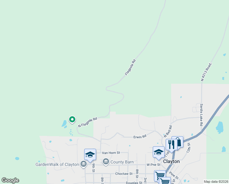 map of restaurants, bars, coffee shops, grocery stores, and more near Flagpole Road in Clayton
